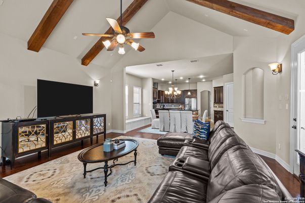 Home Theatre Room, Interior, Kitchen, Living room, Pendant Lights, Recessed Lighting, Stainless Steel Appliances, Wooden Beams, Wood Texture Flooring