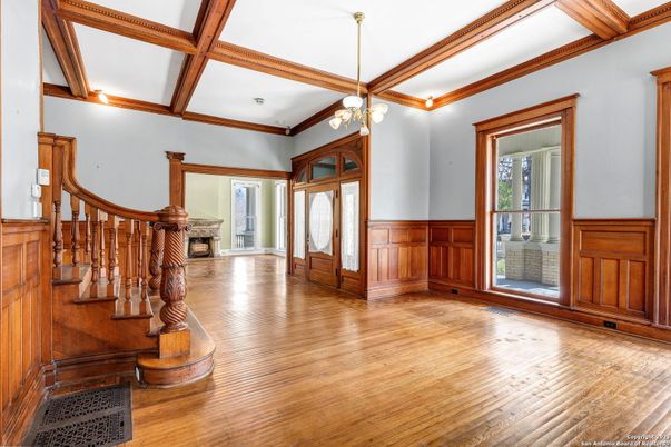 Fireplace, Interior, Pendant Lights, Wooden Beams, Wood Texture Flooring