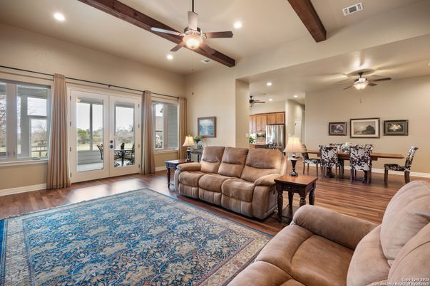 Dining room, Interior, Living room, Recessed Lighting, Wooden Beams, Wood Texture Flooring
