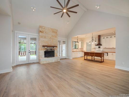 Fireplace, Interior, Kitchen, Pendant Lights, Wood Texture Flooring