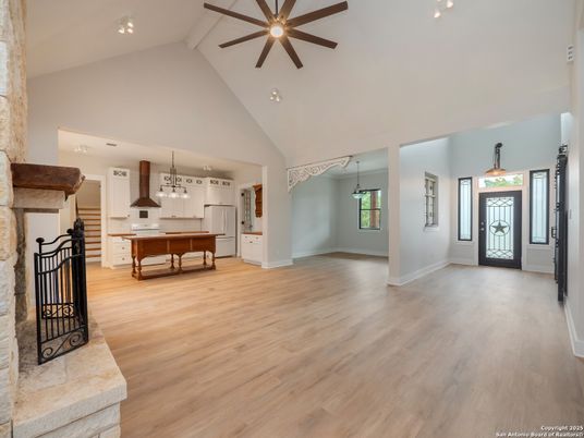Fireplace, Interior, Kitchen, Pendant Lights, Wood Texture Flooring
