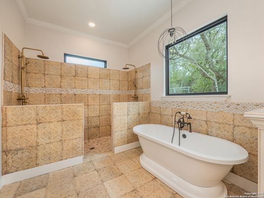 Bathroom, Free Standing Baths, Glass Shower, Interior, Recessed Lighting