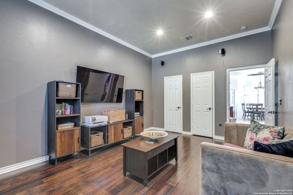 Dining room, Interior, Living room, Recessed Lighting, Wood Texture Flooring