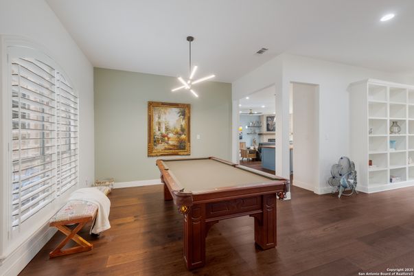 Billiard Table, Game Room, Interior, Pendant Lights, Recessed Lighting, Wood Texture Flooring