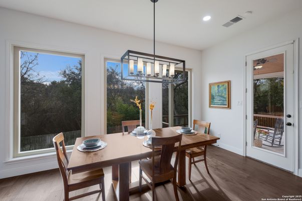 Chandelier, Dining room, Interior, Pendant Lights, Recessed Lighting, Wood Texture Flooring