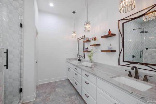 Bathroom, Dual Sink Vanities, Glass Shower, Interior, Pendant Lights, Recessed Lighting
