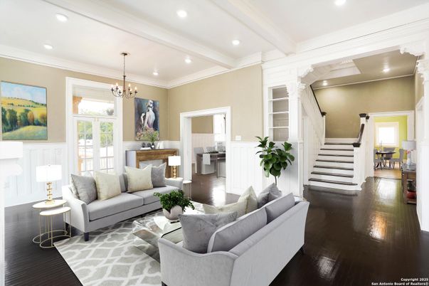 Chandelier, Dining room, Interior, Living room, Pendant Lights, Recessed Lighting, Wood Texture Flooring