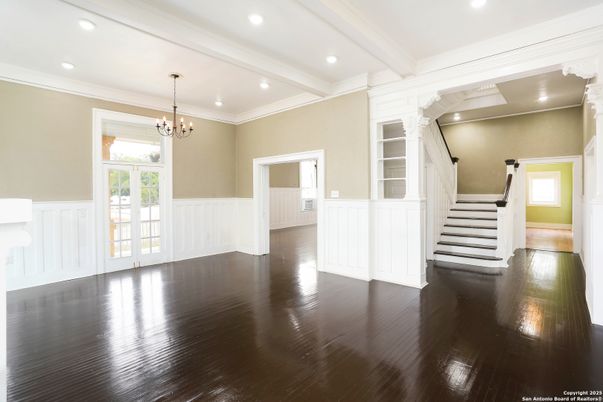 Chandelier, Empty room, Interior, Recessed Lighting, Wood Texture Flooring