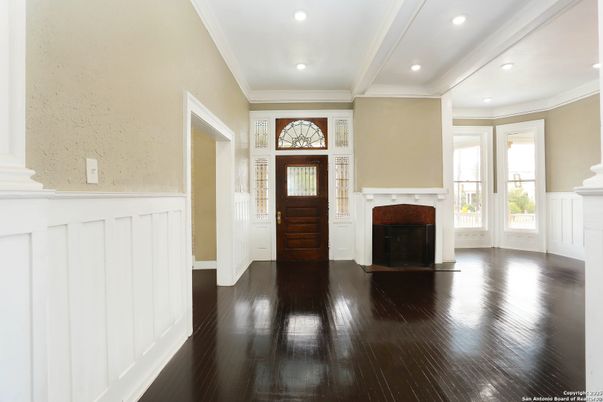 Fireplace, Interior, Recessed Lighting, Wood Texture Flooring
