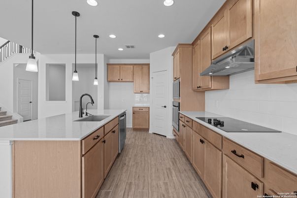 Interior, Kitchen, Pendant Lights, Recessed Lighting, Wood Texture Flooring