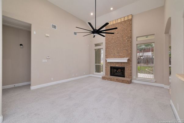 Empty room, Fireplace, Interior, Recessed Lighting, Stone Walls
