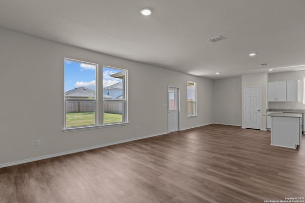 Empty room, Interior, Kitchen, Recessed Lighting, Wood Texture Flooring