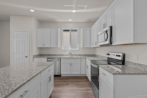 Interior, Kitchen, Recessed Lighting, Wood Texture Flooring