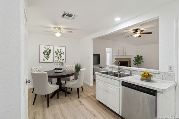 Dining room, Interior, Kitchen, Recessed Lighting, Wood Texture Flooring