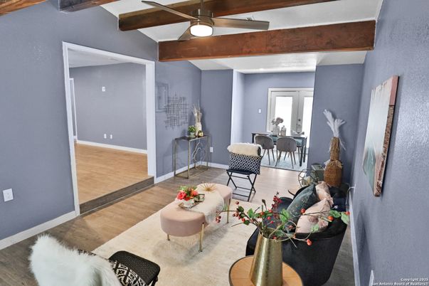 Dining room, Interior, Living room, Recessed Lighting, Wooden Beams, Wood Texture Flooring