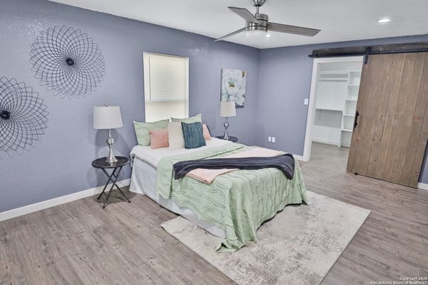 Bedroom, Interior, Recessed Lighting, Wood Texture Flooring