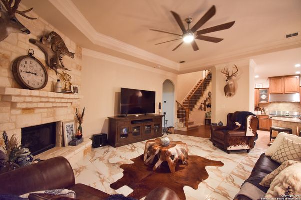Fireplace, Interior, Kitchen, Living room, Recessed Lighting, Stone Walls