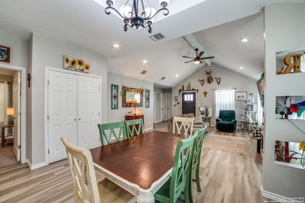 Dining room, Interior, Recessed Lighting, Wood Texture Flooring
