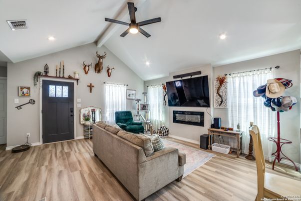 Fireplace, Interior, Living room, Recessed Lighting, Wood Texture Flooring