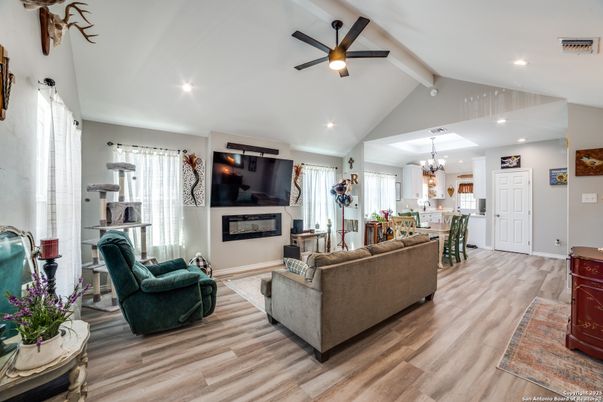 Chandelier, Dining room, Interior, Kitchen, Living room, Pendant Lights, Recessed Lighting, Wood Texture Flooring
