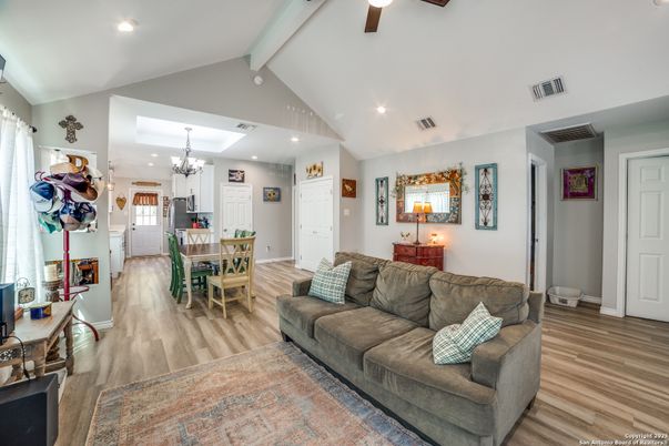 Chandelier, Dining room, Interior, Kitchen, Living room, Recessed Lighting, Wood Texture Flooring