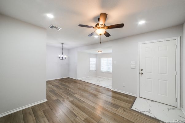 Chandelier, Empty room, Interior, Marble, Recessed Lighting, Wood Texture Flooring