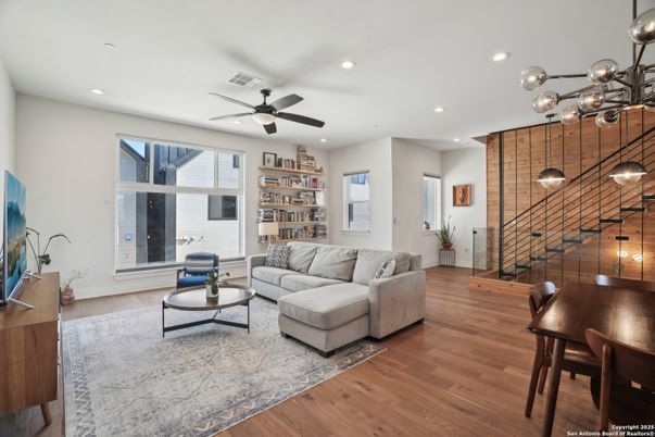 Interior, Living room, Pendant Lights, Recessed Lighting, Wood Texture Flooring