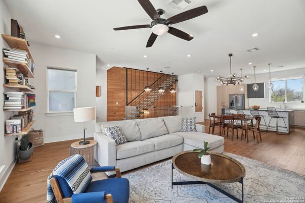 Dining room, Interior, Kitchen, Living room, Pendant Lights, Recessed Lighting, Wood Texture Flooring