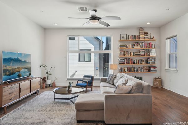 Interior, Living room, Recessed Lighting, Wood Texture Flooring