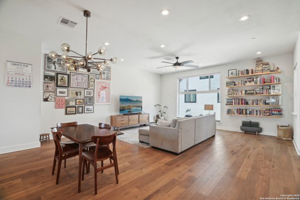 Dining room, Interior, Living room, Pendant Lights, Recessed Lighting, Wood Texture Flooring