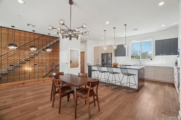 Dining room, Interior, Kitchen, Pendant Lights, Recessed Lighting, Wood Texture Flooring