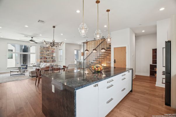 Dining room, Interior, Kitchen, Living room, Pendant Lights, Recessed Lighting, Wood Texture Flooring
