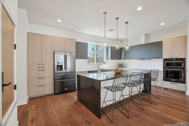 Interior, Kitchen, Pendant Lights, Recessed Lighting, Stainless Steel Appliances, Wood Texture Flooring