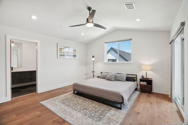 Bedroom, Interior, Recessed Lighting, Wood Texture Flooring