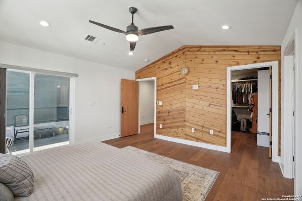 Bedroom, Interior, Recessed Lighting, Wood Texture Flooring, Wooden Walls