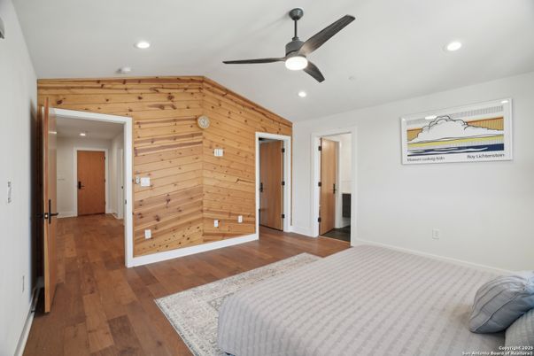 Bedroom, Interior, Recessed Lighting, Wood Texture Flooring, Wooden Walls