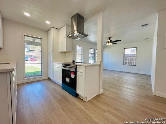 Empty room, Interior, Kitchen, Recessed Lighting, Wood Texture Flooring