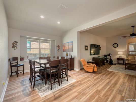 Dining room, Interior, Living room, Recessed Lighting, Wood Texture Flooring