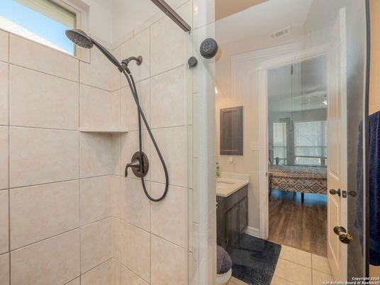 Bathroom, Glass Shower, Interior, Wood Texture Flooring