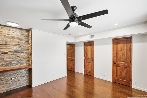 Empty room, Interior, Recessed Lighting, Stone Walls, Wood Texture Flooring