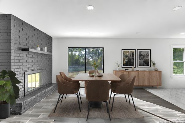 Dining room, Fireplace, Interior, Recessed Lighting, Stone Walls, Wood Texture Flooring