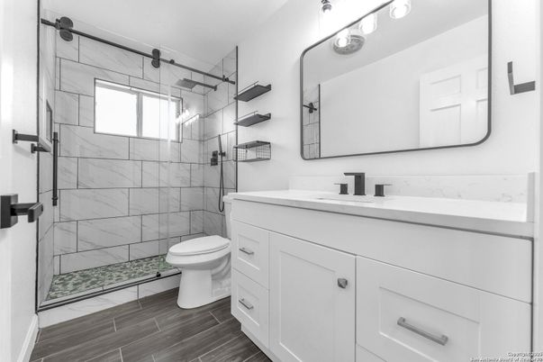 Bathroom, Glass Shower, Interior, Marble Walls, Wood Texture Flooring