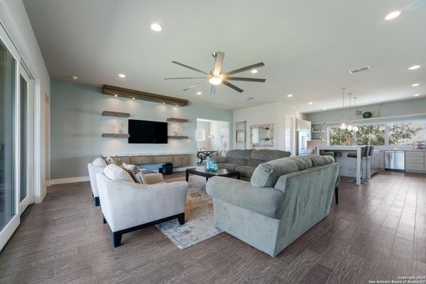 Interior, Kitchen, Living room, Pendant Lights, Recessed Lighting, Wood Texture Flooring