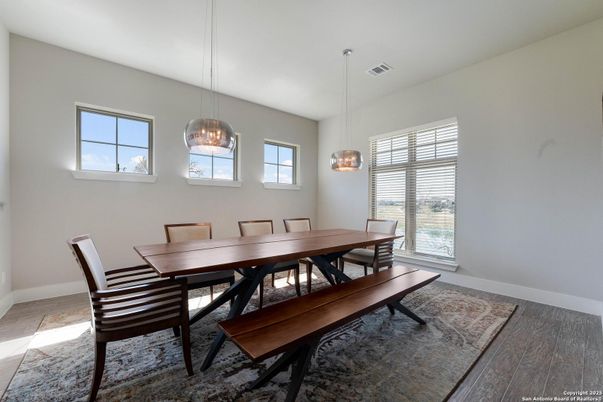 Dining room, Interior, Pendant Lights, Wood Texture Flooring