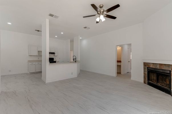 Empty room, Fireplace, Interior, Kitchen, Marble, Recessed Lighting