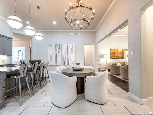 Chandelier, Dining room, Interior, Kitchen, Living room, Pendant Lights, Recessed Lighting, Wood Texture Flooring