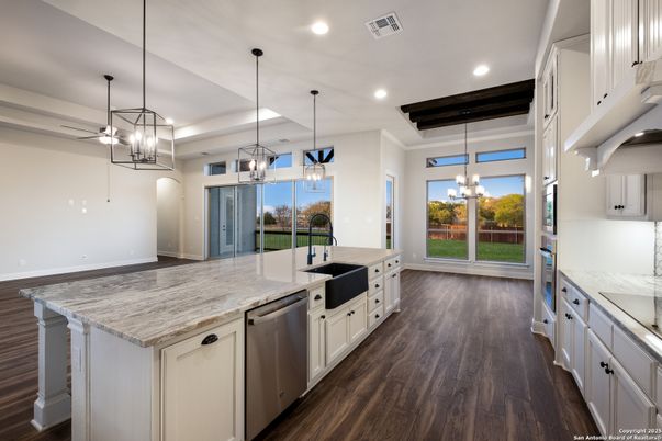 Chandelier, Interior, Kitchen, Pendant Lights, Recessed Lighting, Stainless Steel Appliances, Wood Texture Flooring