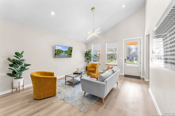 Interior, Living room, Pendant Lights, Recessed Lighting, Wood Texture Flooring