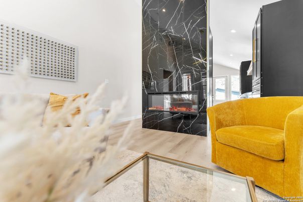 Fireplace, Interior, Marble Walls, Recessed Lighting