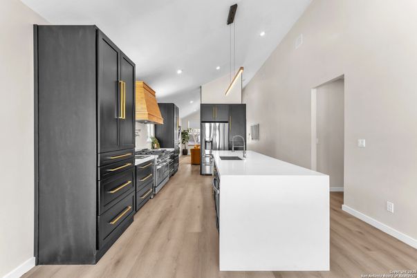 Interior, Kitchen, Pendant Lights, Recessed Lighting, Stainless Steel Appliances, Wood Texture Flooring